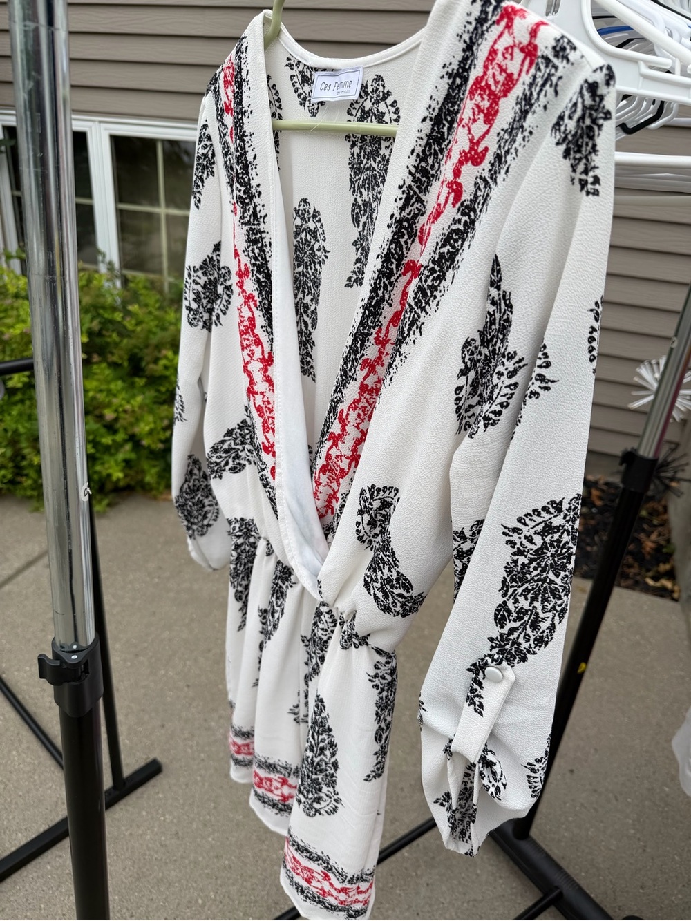 Ces Femme White Romper with Black Paisley Print and Red Trim
